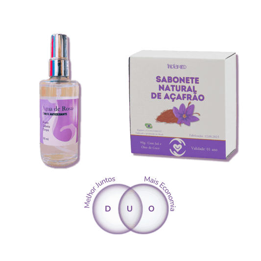 Duo Água de Rosas + Sabonete Natural de AçafrãoUma combinação delicada e eficaz para quem busca frescor, equilíbrio e luminosidade na pele. Ao escolher o Duo, você economiza e potencializa os resultados: o Sabonete Natural de Açafrão purifica e renova, en