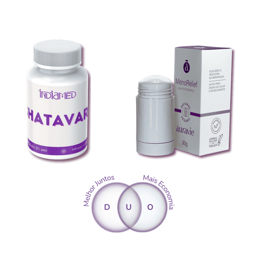 Duo Menoreflief + Shatavari CápsulasUma dupla pensada especialmente para apoiar a saúde da mulher em diferentes fases, com foco na menopausa e no equilíbrio hormonal. Ao escolher o Duo, você economiza e potencializa os resultados: o Menorelief traz alívio